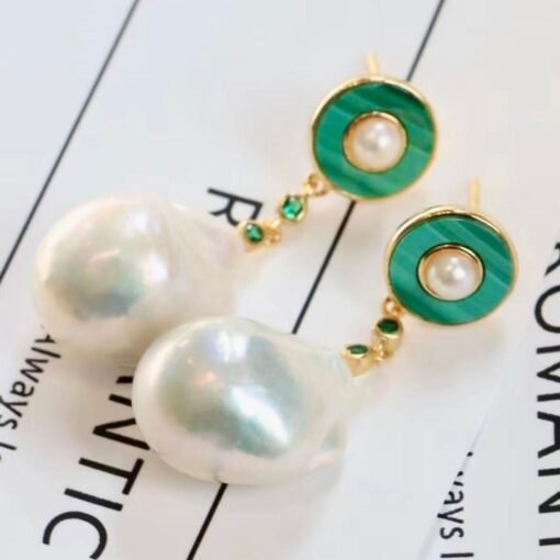 Unique Malachite Drop Earrings With Pearl|Real Pearl Studs Earrings|Dainty Malachite Earrings|Green Jewelry|Hand Carved Gemstone Earrings - Image 5