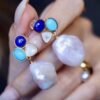 Unique Pearl Drop Earrings With Malachite Lapis Lazuli|Real Pearl Studs Earrings|Dainty Pearl Earrings|Natural Hand Carved Gemstone Earrings