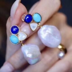 Unique Pearl Drop Earrings With Malachite Lapis Lazuli|Real Pearl Studs Earrings|Dainty Pearl Earrings|Natural Hand Carved Gemstone Earrings