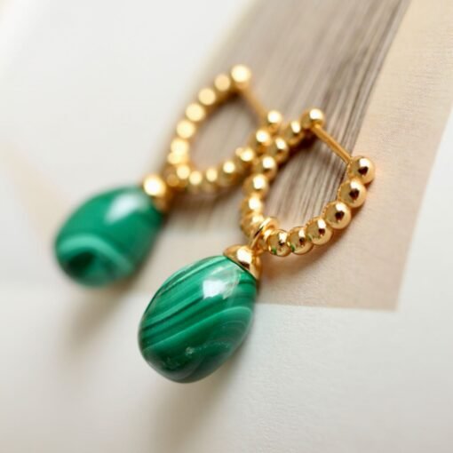 Natural Malachite Pearl Drop Earrings in 925 Silver/Dainty Malachite Hoop Earrings|Malachite Dangle Earrings|Green Earrings/Unique Earrings - Image 4