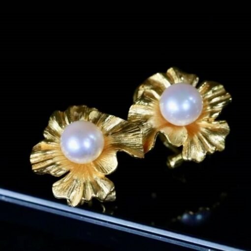 Natural Seawater Akoya Pearl Studs Earrings s925 Silver|Real Pearl Jewelry|Floral Pearl Earrings|Petal White Pearl Earrings for her|6mm