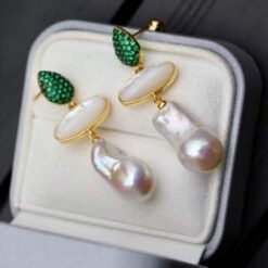 Unique Baroque Pearl Drop Earrings With Zircon|Real Pearl Drop Earrings silver|Art deco Pearl Earrings women|June birthstone pearl Earrings
