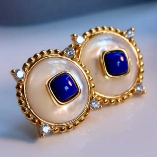 Genuine cushion Lapis Lazuli Stud Earring sterling silver|Statement blue lapis lazuli studs goldUnique September birthstone jewelry earring - Image 2
