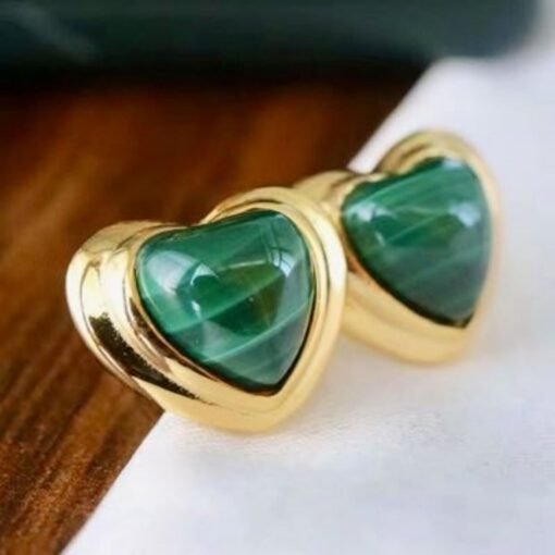 Unique heart shape natural malachite stud earrings silver/Dainty Art Deco Malachite Stud|Vintage Malachite Earring|Perfect Anniversary Gift - Image 5