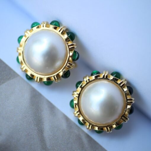 Statement natural Mabe Pearl Earrings Sterling Silver|Vintage Mabe Pearl stud gold|Pearl Earrings With Green Zircon|Perfect Wedding earrings - Image 3