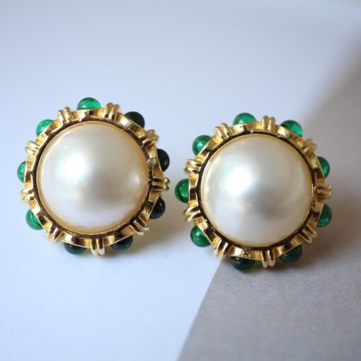 Statement natural Mabe Pearl Earrings Sterling Silver|Vintage Mabe Pearl stud gold|Pearl Earrings With Green Zircon|Perfect Wedding earrings - Image 2