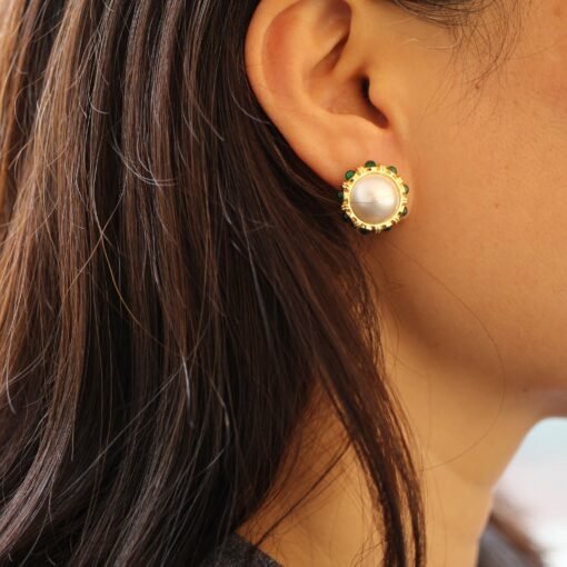 Statement natural Mabe Pearl Earrings Sterling Silver|Vintage Mabe Pearl stud gold|Pearl Earrings With Green Zircon|Perfect Wedding earrings - Image 4