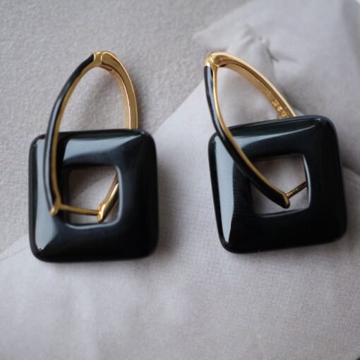 Unique Black Agate With Silver Hoop Earrings|Big Black Agate Earrings|Dainty Jewelry|Everyday Minimalist Earrings|Perfect Gift For Her - Image 2