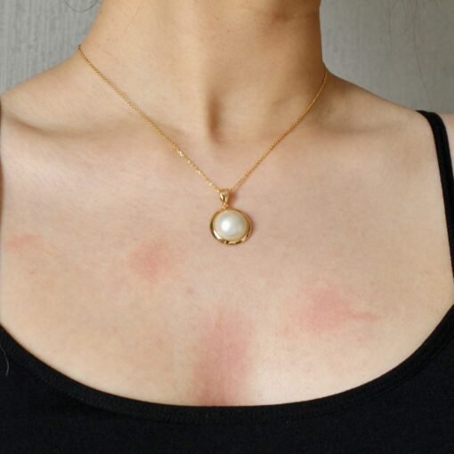 Natural Mabe Pearl Pendant Necklace Sterling Silver|Statement Minimalist Mabe Pearl Pendant|Unique white mabe Pearl Pendant|Handmade Jewelry - Image 4