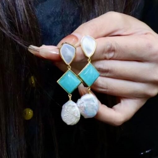 Unique Amazonite with Baroque Pearl Drop Earrings/Natural Pearl Earrings 925 Silver women/Blue gemstone Earring|Hand Carved Gemstone Earring - Image 5