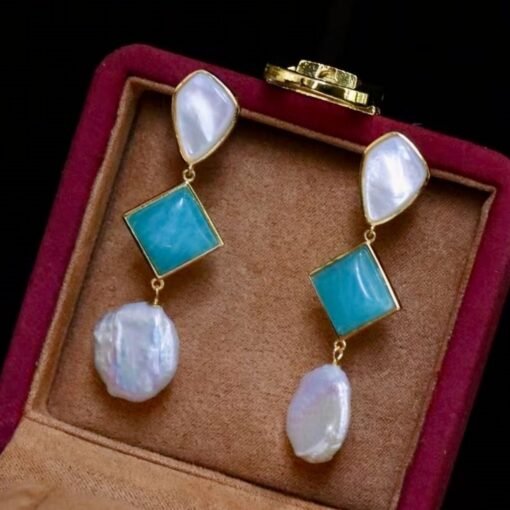 Unique Amazonite with Baroque Pearl Drop Earrings/Natural Pearl Earrings 925 Silver women/Blue gemstone Earring|Hand Carved Gemstone Earring - Image 3