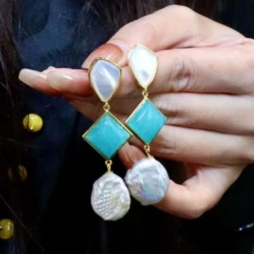 Unique Amazonite with Baroque Pearl Drop Earrings/Natural Pearl Earrings 925 Silver women/Blue gemstone Earring|Hand Carved Gemstone Earring - Image 2