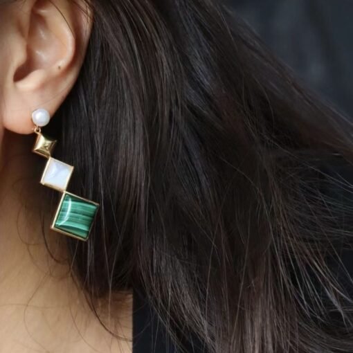 Natural Malachite Drop Earrings sterling silver|Malachite Jewelry|Green Gemstone earring|Unique Geometric Earrings|Statement Malachite drop - Image 6