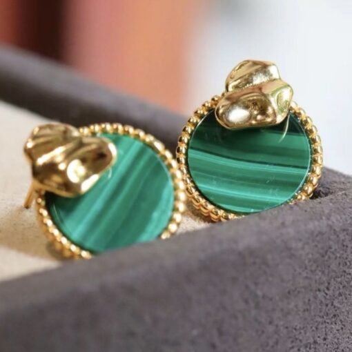 Genuine Round Malachite Earrings sterling silver|High end Malachite stud gold|Vintage Green Studs Earrings Women|Antique Gemstone Earring - Image 5