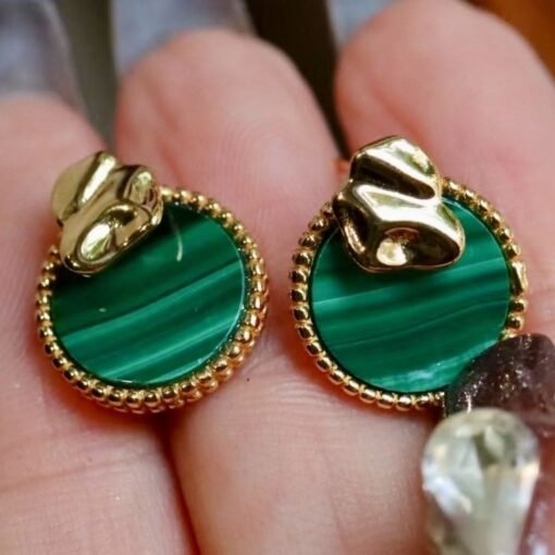 Genuine Round Malachite Earrings sterling silver|High end Malachite stud gold|Vintage Green Studs Earrings Women|Antique Gemstone Earring - Image 7