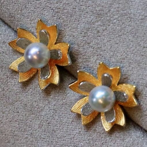 Natural Akoya Pearl stud Earrings Silver|Pedal pearl stud earring|Handmade floral pearl stud|Unique art deco pearl studs|Vintage pearl stud - Image 6