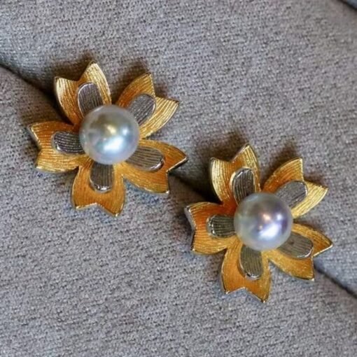 Natural Akoya Pearl stud Earrings Silver|Pedal pearl stud earring|Handmade floral pearl stud|Unique art deco pearl studs|Vintage pearl stud - Image 7