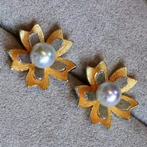 Natural Akoya Pearl stud Earrings Silver|Pedal pearl stud earring|Handmade floral pearl stud|Unique art deco pearl studs|Vintage pearl stud - Image 8