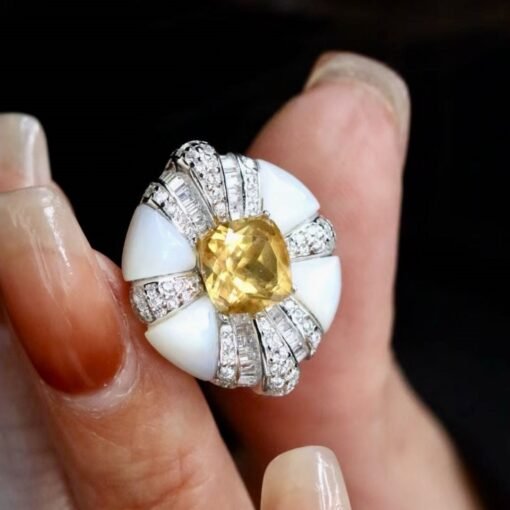 Natural Citrine Ring with mother of pearl|Statement Citrine Jewelry Women|Unique Citrine Ring silver|Vintage Art Deco Citrine Ring - Image 3