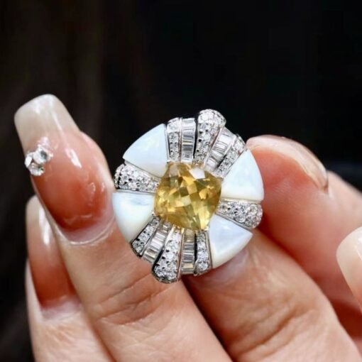 Natural Citrine Ring with mother of pearl|Statement Citrine Jewelry Women|Unique Citrine Ring silver|Vintage Art Deco Citrine Ring - Image 2