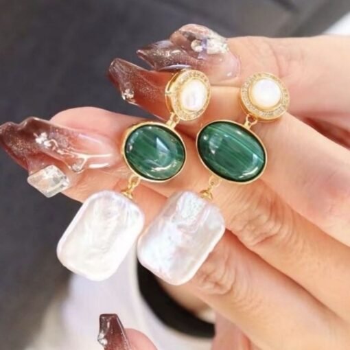 Natural Malachite Studs Earrings With Pearl|Malachite Jewelry|Dainty Green Studs Earrings|Real Pearl Earrings|Perfect Anniversary Gift - Image 3