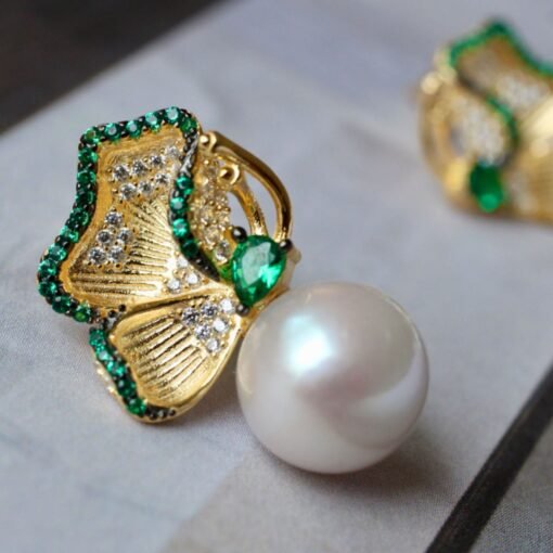 Natural Pearl Studs Earrings With Green Zircon|Pearl Jewelry|Dainty Pearl Studs Earrings With Silver|Real Pearl Earrings|Vivid Green Earring - Image 7