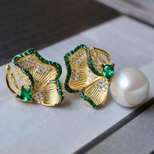Natural Pearl Studs Earrings With Green Zircon|Pearl Jewelry|Dainty Pearl Studs Earrings With Silver|Real Pearl Earrings|Vivid Green Earring