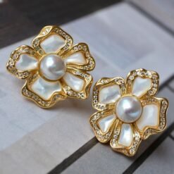Natural Pearl stud Earrings Silver|Pedal pearl stud earring|handmade Pearl stud Earrings|Statement art deco Pearl Earrings|floral pearl stud