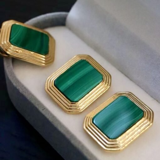 Natural Rectangle Malachite Studs Earrings sterling silver|Minimalist Malachite stud|Modern Malachite Studs Earrings|Green Gemstone Earrings - Image 2