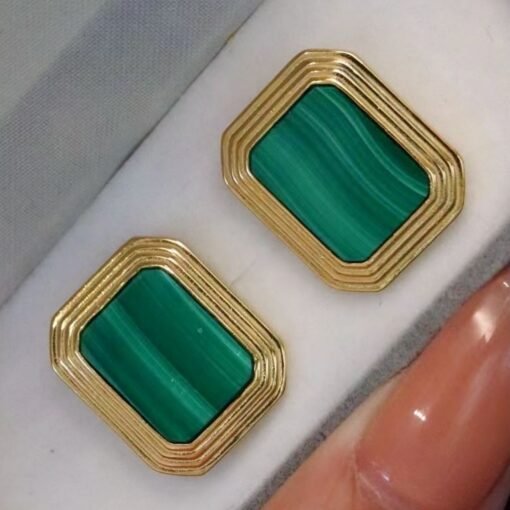 Natural Rectangle Malachite Studs Earrings sterling silver|Minimalist Malachite stud|Modern Malachite Studs Earrings|Green Gemstone Earrings - Image 6