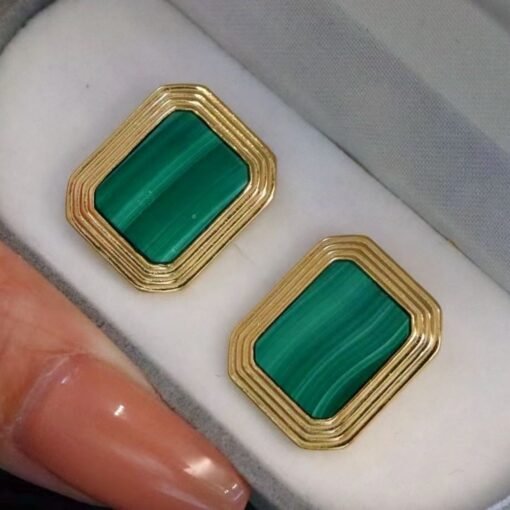 Natural Rectangle Malachite Studs Earrings sterling silver|Minimalist Malachite stud|Modern Malachite Studs Earrings|Green Gemstone Earrings - Image 8