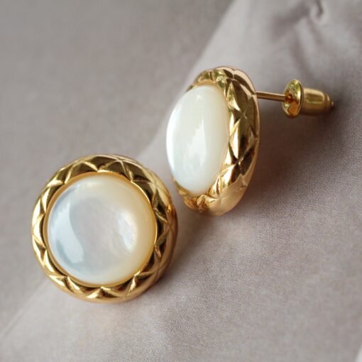Unique Bezel Set Mother of pearl earringwedding jewelry stud silverArt deco white gemstone studHand Carved Earring for herBridal earring - Image 5