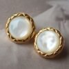 Unique Bezel Set Mother of pearl earringwedding jewelry stud silverArt deco white gemstone studHand Carved Earring for herBridal earring
