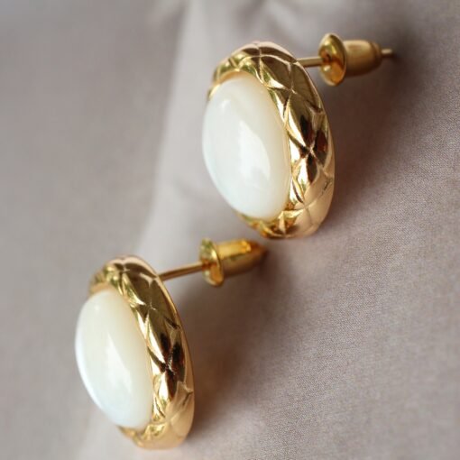 Unique Bezel Set Mother of pearl earringwedding jewelry stud silverArt deco white gemstone studHand Carved Earring for herBridal earring - Image 6
