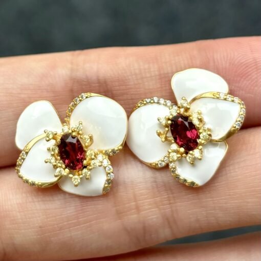 Natural Silver Petal Stud Earrings|Unique Flower Earrings|Handcrafted Carved Garnet Earrings|Statement unique Earrings|Perfect Birthday Gift - Image 2
