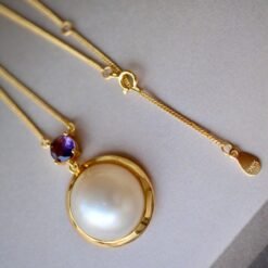 Natural Mabe Pearl Necklace Sterling Silver|Statement Minimalist Pearl Pendant|Real Pearl with Amethyst Pendant|Perfect Anniversary Gift
