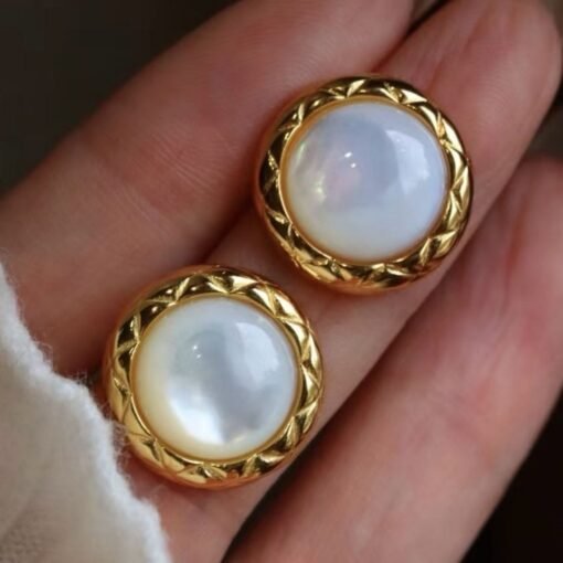 Unique Bezel Set Mother of pearl earringwedding jewelry stud silverArt deco white gemstone studHand Carved Earring for herBridal earring - Image 2