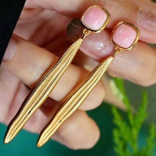 Natural Pink Queen Conch Shell drop earring gold plated silver|Pink Gemstone Jewelry|Unique Earrings For Her|Long drop Earring|Bezel earring - Image 4