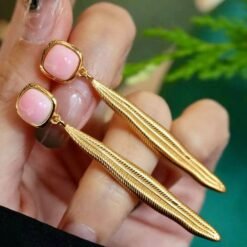 Natural Pink Queen Conch Shell drop earring gold plated silver|Pink Gemstone Jewelry|Unique Earrings For Her|Long drop Earring|Bezel earring