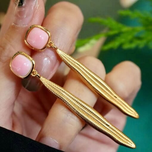 Natural Pink Queen Conch Shell drop earring gold plated silver|Pink Gemstone Jewelry|Unique Earrings For Her|Long drop Earring|Bezel earring