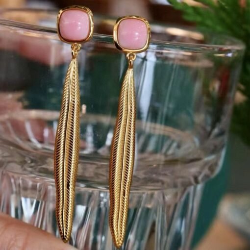Natural Pink Queen Conch Shell drop earring gold plated silver|Pink Gemstone Jewelry|Unique Earrings For Her|Long drop Earring|Bezel earring - Image 5