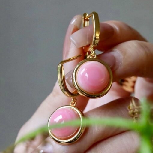 Natural Pink Queen Conch Shell drop earring gold plated silver|Statement Pink Gemstone Jewelry|Unique Earring For Her|Bezel set drop Earring - Image 4