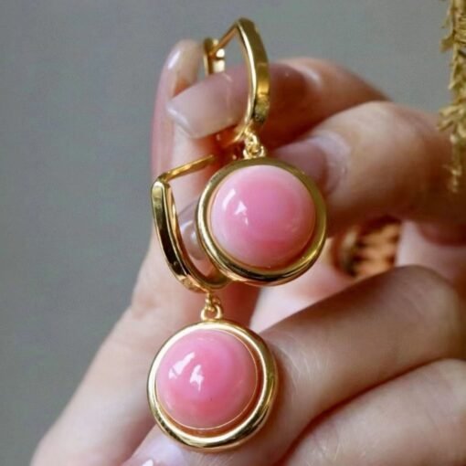 Natural Pink Queen Conch Shell drop earring gold plated silver|Statement Pink Gemstone Jewelry|Unique Earring For Her|Bezel set drop Earring - Image 7