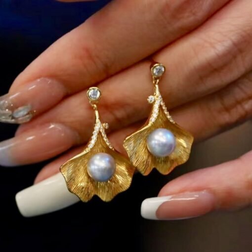 Natural Seawater Pearl Studs Earrings Gold Plated s925 Silver|Floral Pearl Stud|Petal Pearl Studs Earrings|6mm pearlUnique pearl stud women - Image 3