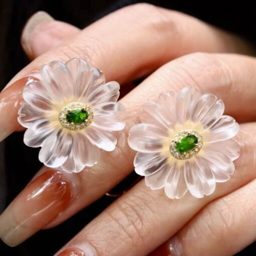 Natural White Quartz Petal Stud Earrings/Unique Floral Gemstone Earrings/Hand Carved Flower Rock Quartz Earrings|Statement big Earring Women - Image 3
