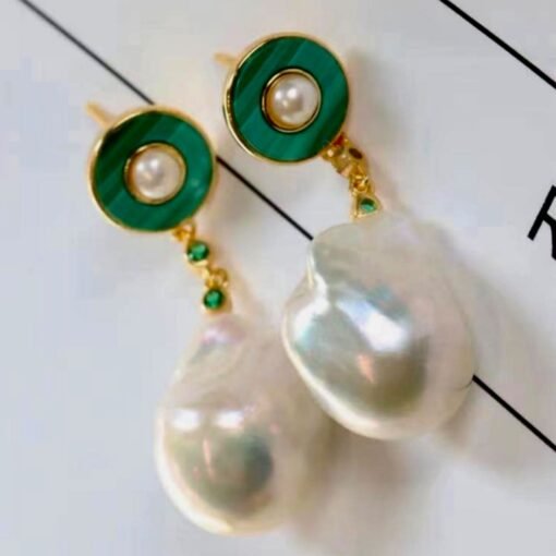 Unique Malachite Drop Earrings With Pearl|Real Pearl Studs Earrings|Dainty Malachite Earrings|Green Jewelry|Hand Carved Gemstone Earrings - Image 2