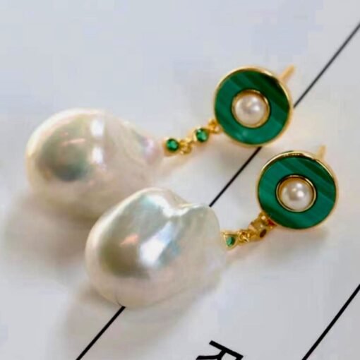 Unique Malachite Drop Earrings With Pearl|Real Pearl Studs Earrings|Dainty Malachite Earrings|Green Jewelry|Hand Carved Gemstone Earrings - Image 4