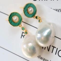 Unique Malachite Drop Earrings With Pearl|Real Pearl Studs Earrings|Dainty Malachite Earrings|Green Jewelry|Hand Carved Gemstone Earrings