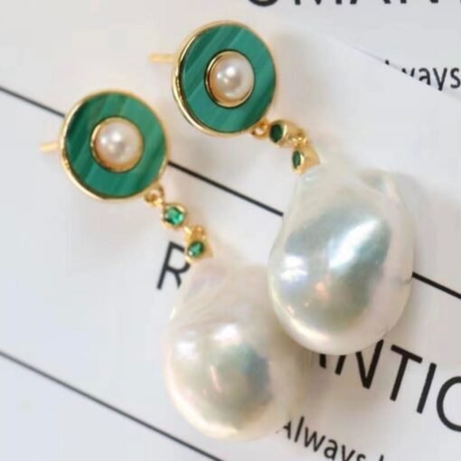 Unique Malachite Drop Earrings With Pearl|Real Pearl Studs Earrings|Dainty Malachite Earrings|Green Jewelry|Hand Carved Gemstone Earrings