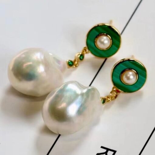 Unique Malachite Drop Earrings With Pearl|Real Pearl Studs Earrings|Dainty Malachite Earrings|Green Jewelry|Hand Carved Gemstone Earrings - Image 7